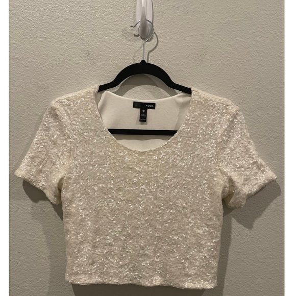 AQUA Antique White Sequin Crop Top - Picture 1 of 3